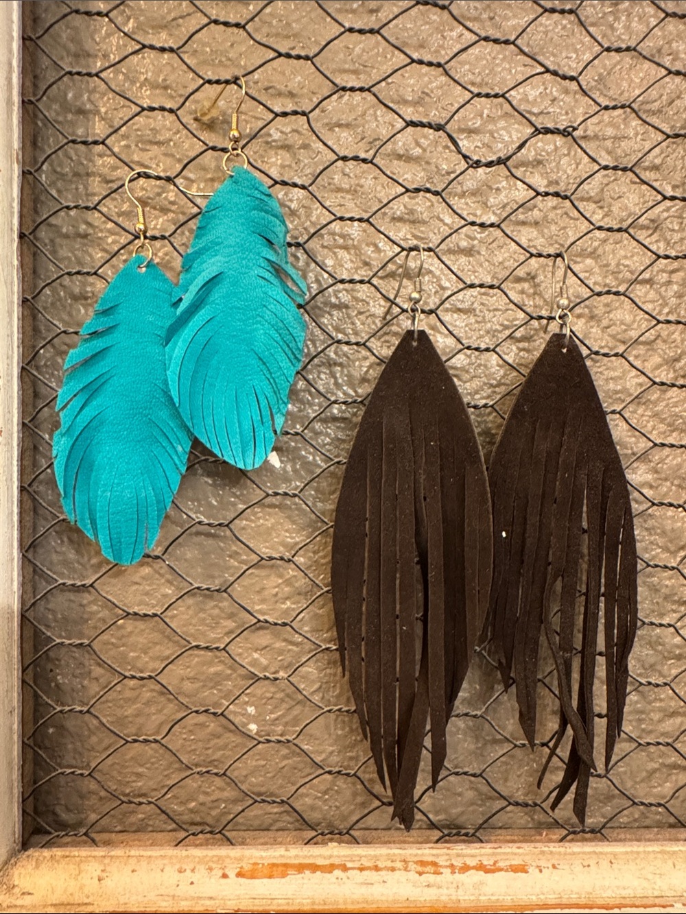 Turquoise & Dark Brown Feather Fringe Earrings - Pair